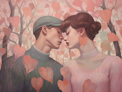 Couple amidst heart shaped leaves. The concept speaks of quiet love.