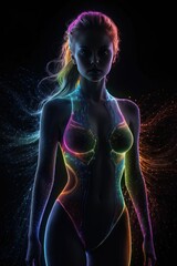 Colorful beautiful woman silhouette neon dots