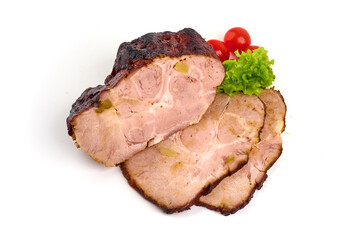 Juicy roast pork, isolated on white background.