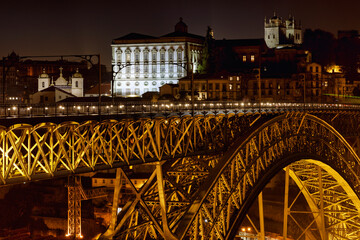 View at night of Don Luis I bridge, which connect Porto and Vilanova de Gaia in Portugal. 