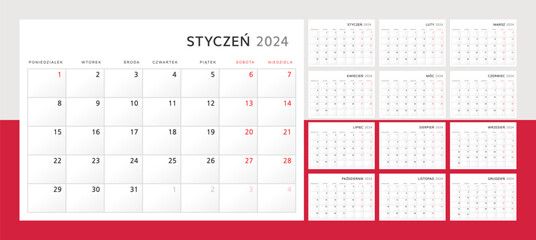 Calendar 2024 in Polish language. Wall calendar for 2024 in classic minimalist style. Week starts on Monday. Set of 12 months. Corporate Planner Template. A4 format horizontal. Vector graphics