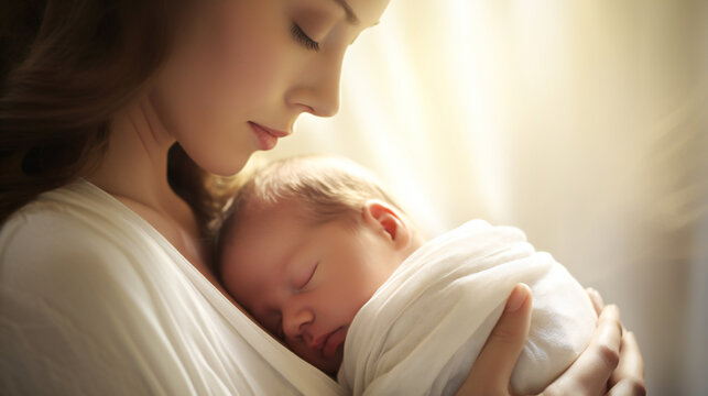 A mother gently holds her newborn's tiny arm, bathed in soft light. The image captures the pure and tender connection between parent and baby. Generative AI.