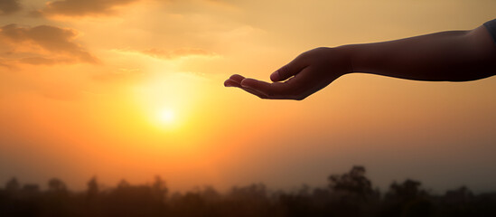 Hand reaching out to bright shining light sun on sky above. Religious and spiritual concept.AI Generative 