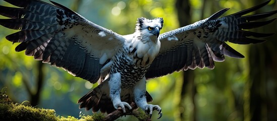 Enthusiastic harpy eagle prepared for hunting in Amazon rainforest trees. - obrazy, fototapety, plakaty