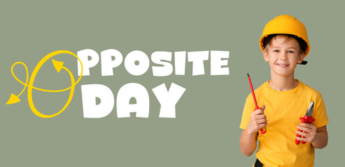 Banner for Opposite Day with little electrician on color background