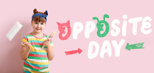 Banner for Opposite Day with little painter on pink background