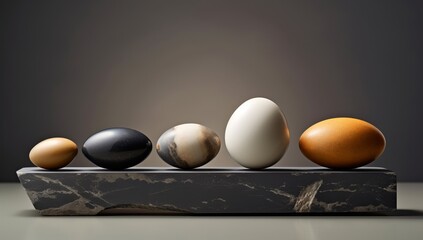 Generative AI image of  five eggs in the balance on several rocks