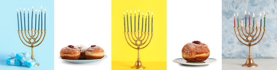 Set of candlesticks and tasty donuts for Hanukkah celebration on color background