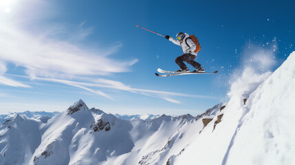 Naklejka na ściany i meble Skier in mid-jump with ski poles forming a pen nib.
