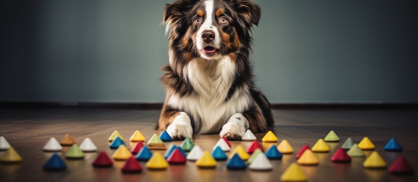 Australian shepherd dog engaged in scent work game, locating treats under cones at canine enrichment center.