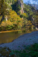 Landscape from Voidomatis river where the ravine of Vikos ends in a surrounding area of...