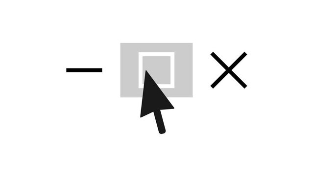 Computer cursor moving from the bottom to close x, maximize and minimize squared window icons while highlighting all three.