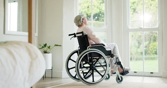 Senior woman, person with a disability and wheelchair for retirement, alone and nostalgia. Bedroom, healthcare and elderly for medical, relaxing and enjoying for patient, thinking and rehabilitation