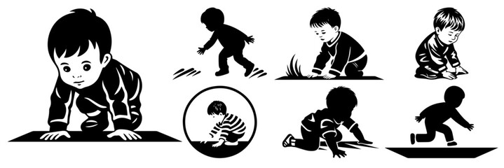 Vector silhouettes of babies learning to crawl - obrazy, fototapety, plakaty