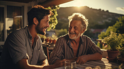 Portrait of two men. Father and son on the house background. Concept of happy family.