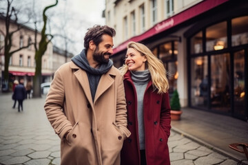Obraz premium Couple on a date day enjoying in romantic way, walking in the city on sunny winter, autumn day. Wearing coats and warm clothes. Enjoying outdoors on Valentine's Day.