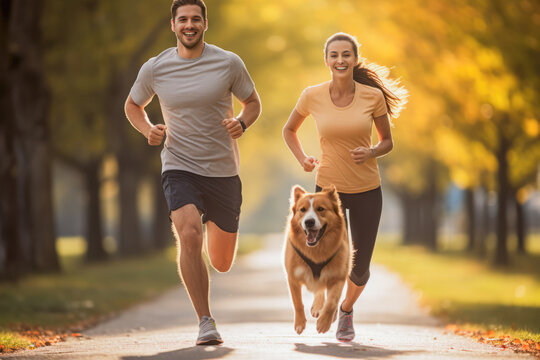 Portrait of couple jogging with dog. Family walking in park with golden retriever, australian shepherd.