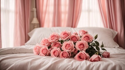 Bouquet of pink roses on the bed in a hotel room in a pink bedroom. There is a bouquet of pink roses on the sheet.