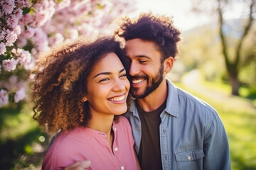 Naklejka premium Mixed race woman and man on a date in summer time in Japan, traveling for honeymoon. Beautiful young couple have a good time in the forest at daytime.