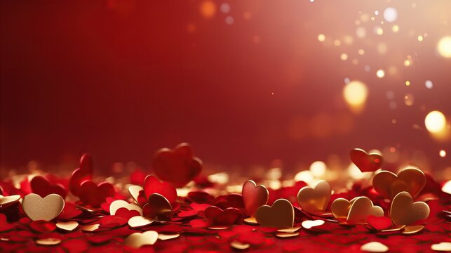 Golden confetti and pink hearts on a red background, copy space. Background of Valentines day concept.