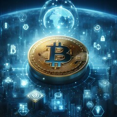 Bitcoin, abstract blue background, IoT technology background.