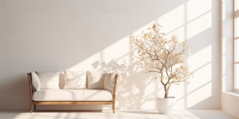 White-toned interior room with wooden furniture, sunlight, and a cotton tree.