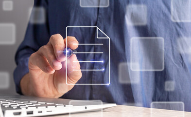 Submitting document online, applying, uploading doc via internet, network, using technology. Text AI