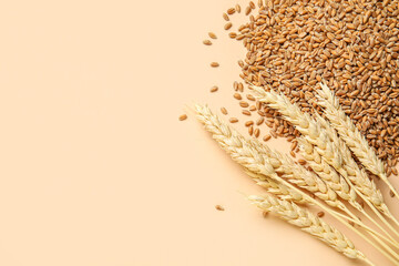 Wheat ears with grains on beige background