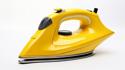 a visually appealing composition of a bright yellow iron, emphasizing its ergonomic handle and steam vents, isolated on a clean white surface.