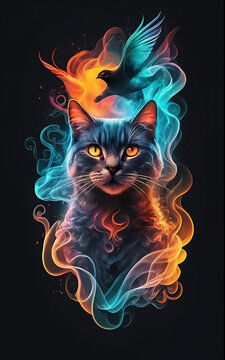 an ethereal and mesmerizing image of an Cat Embrace the styles of illustration, dark fantasy, and cinematic mystery the elusive nature of smoke