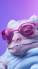 Snoozing chameleon with half-closed eyes and glasses. Soft purple and blue tones in pastel colors.