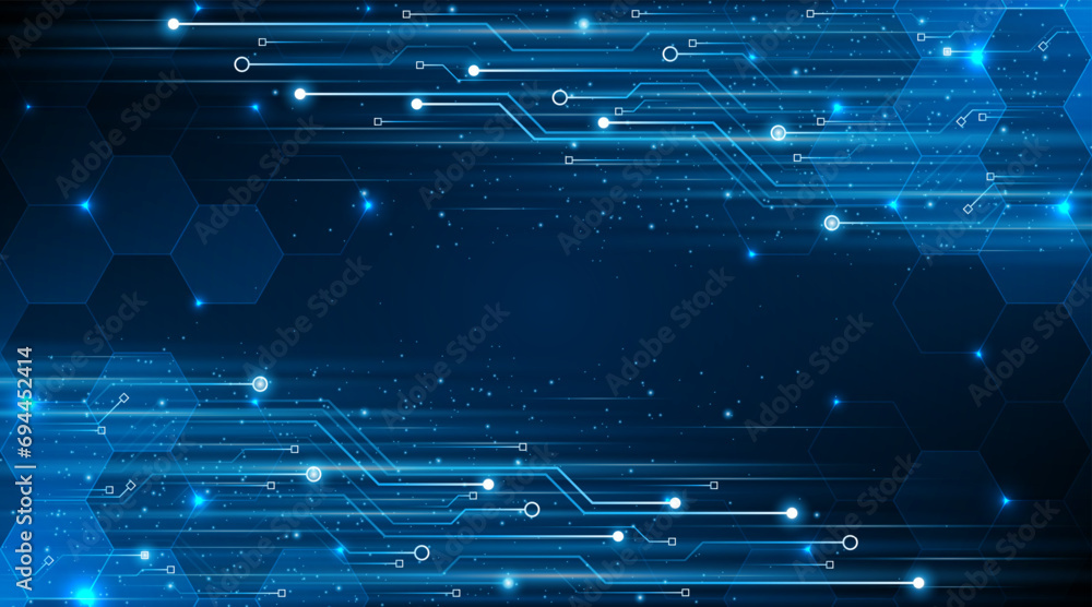 Poster Blue glowing lines with glitter light effect on dark background. High speed internet technology concept or fast wireless data transmission. modern internet network connection technology background	