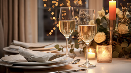 Festive date night tablescape idea, dinner table setting for two and Christmas, New Year,...