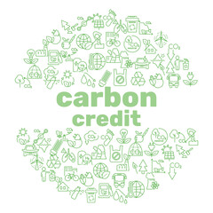 Carbon credit circle green banner. Carbon neutral concept. wind turbine, bicycle,light bulb, carbon footprint, ocean cleanup, co2 molecule, recycling, public transportation, green factory. Vector.