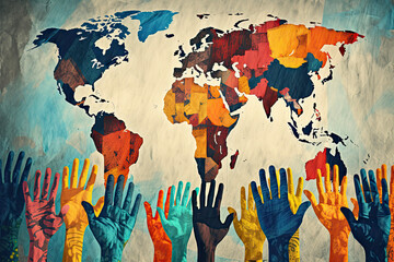 Colorful hands raised against a world map mural, symbolizing global unity, cultural diversity, and international collaboration - obrazy, fototapety, plakaty