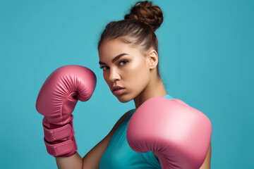 Young woman in fighting position, wearing pink boxing gloves  - obrazy, fototapety, plakaty