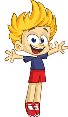 Cute young boy waving and smiling. Vector cartoon  .illustration of a teenager in casual street clothes presenting. Outlined