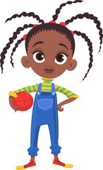Cute young afro-american girl basketball player. Vector cartoon  .illustration of a teenager in casual street clothes presenting. Outlined