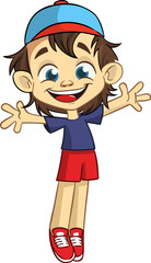 Cute young boy waving and smiling. Vector cartoon  .illustration of a teenager in casual street clothes presenting. Outlined