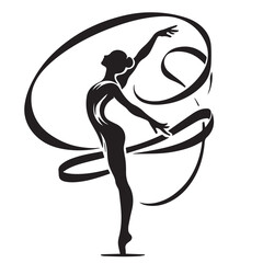 Vector Illustration of a female ballet dancer in a dynamic pose with swirls surrounding her form. - obrazy, fototapety, plakaty