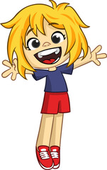 Cute little girl waving and smiling. Vector cartoon  .illustration of a teenager in casual street clothes presenting. Outlined