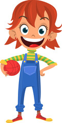 Cute young girl with basketball. Vector cartoon  .illustration of a teenager in casual street clothes presenting. Outlined