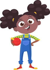 Cute afro-american girl holding a ball. Vector cartoon  .illustration of a teenager in casual street clothes presenting. Outlined