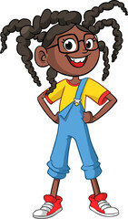 Cute young afro-american girl waving and smiling. Vector cartoon  .illustration of a teenager in casual street clothes presenting. Outlined