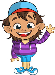 Cute young boy waving and smiling. Vector cartoon  .illustration of a teenager in casual street clothes presenting. Outlined