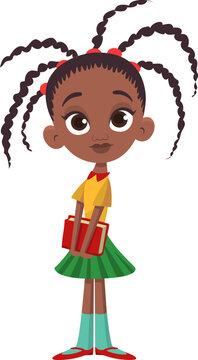 Cute young afro-american girl holding a book. Vector cartoon  .illustration of a teenager school student. Outlined