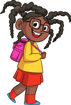 Cute young afro-american school girl with backpack. Vector cartoon  .illustration of a teenager in casual street clothes presenting. Outlined