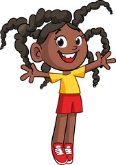 Cute young afro-american girl with dreadlocks  waving . Vector cartoon  .illustration of a teenager in casual street clothes presenting