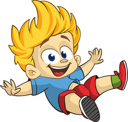 Cute little blond boy waving and smiling. Vector cartoon  .illustration of a teenager in casual street clothes presenting. Outlined