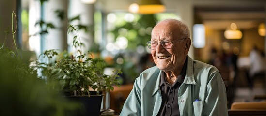 Elderly man conversing with nurse in retirement facility. - obrazy, fototapety, plakaty